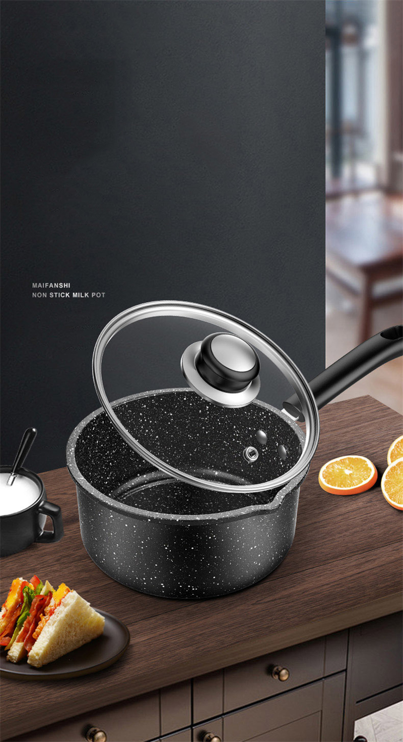 Wholesale 16cm Non Stick Granite Maifan Stone Classic Kitchen Soup Pot Black Milk Pot Sauce Pan With Glass Lid