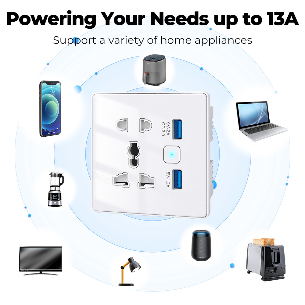 Tuya Wifi Wall Smart Socket Tempered Glass Fast Charger 3.0 USB Smart Home Automation Google Home Alexa Universal US EU UK Plug