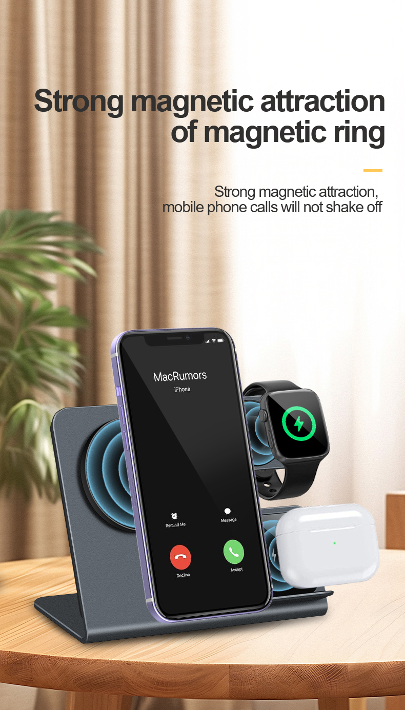 15W Magnetic Wireless Charger 3 In 1 Wireless Charging Stand Cell Phone Charger Fast Charging Short Circuit Protection