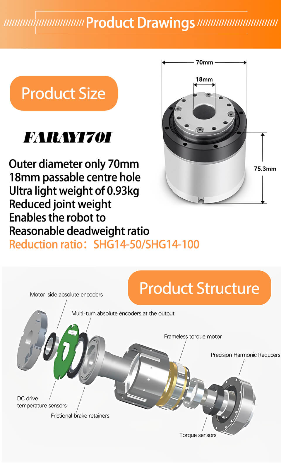 Faradyi Robot Motor High Torque Small Size With Harmonic Reducer And Encoder Low Speed DC Motor for Robotic Arm