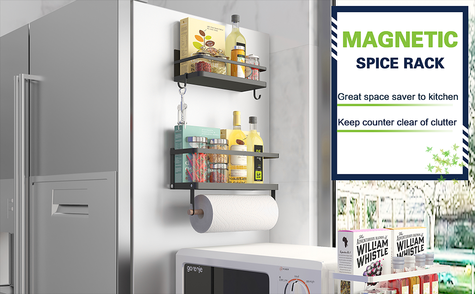 Magnetic Fridge Organizer With Black Seasoning Racks And Free Hooks