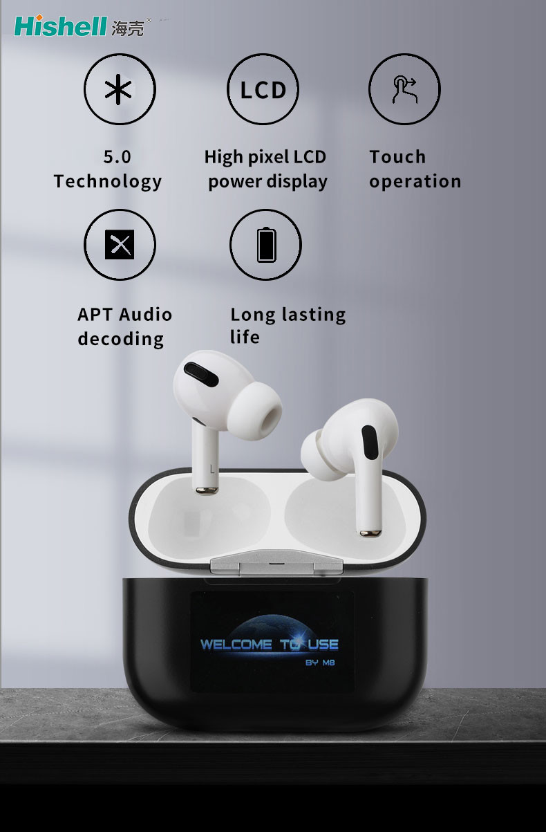 White ABS TWS True Wireless Stereo Earbuds With Display Screen Air3