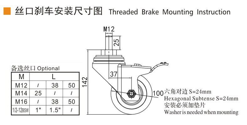 EDL Medium Duty 4inch 150kg Threaded TPA Caster by Swivel and Brake type 504S-26