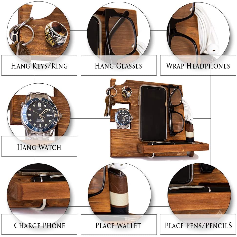 Wooden Docking Station for Men and Nightstand Organizer - Holds Phone Keys Watch Wallet Ring Pen Glasses Ring
