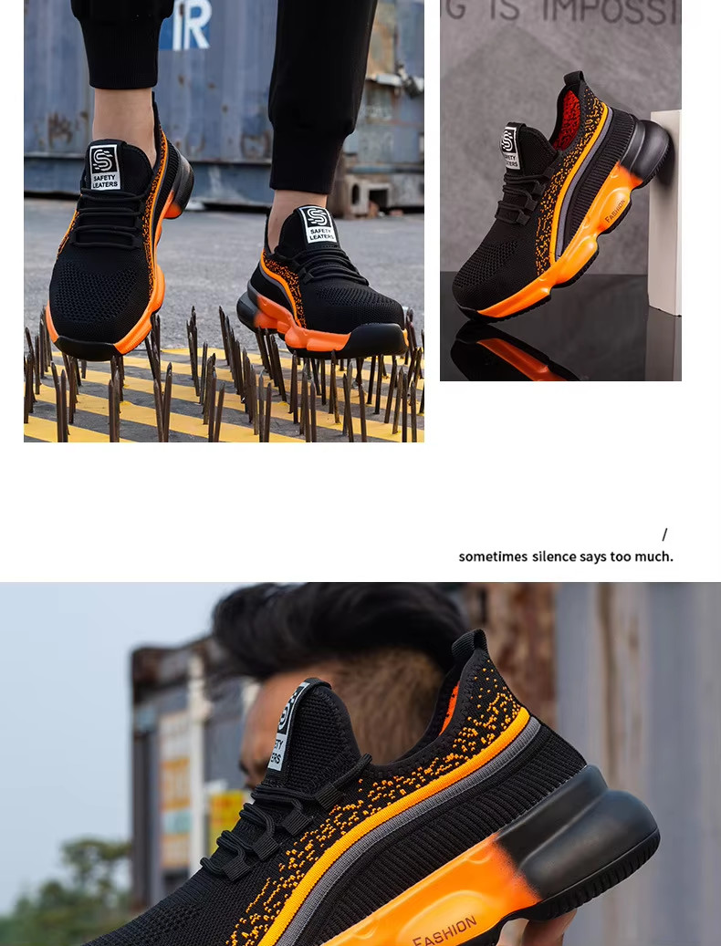 Black Comfortable Kevlar Mid Sole Anti-stab Work Shoes With Steel Toe Breathable Flying Knit