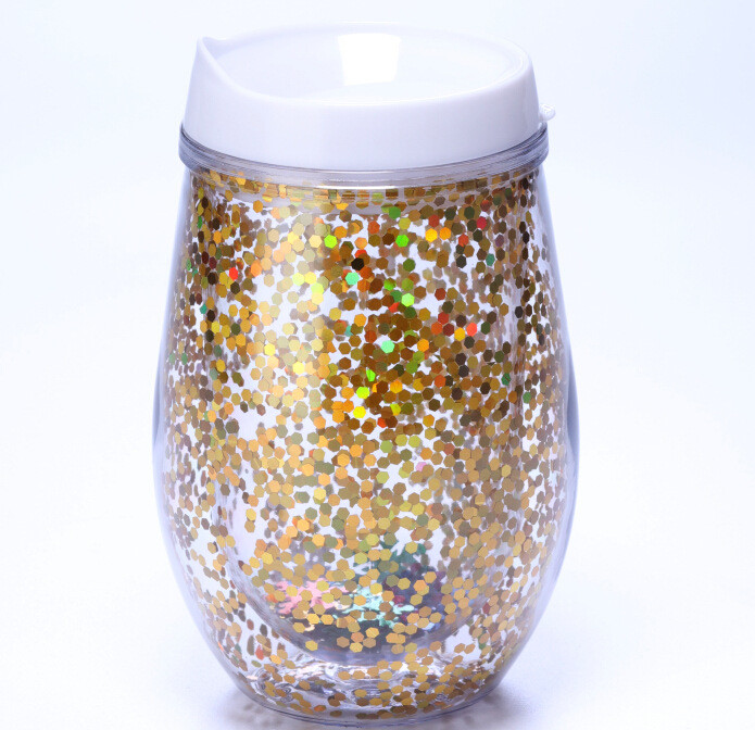 300ml Double-layer Egg-shaped Plastic Cup With U-shaped Straw Comes With Straw For PET Glitter