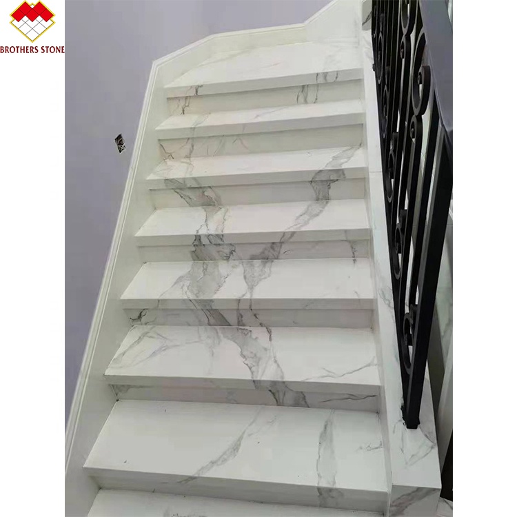 Customized White Marble Stair Step with Riser Designs Glass Railing in Spiral Design