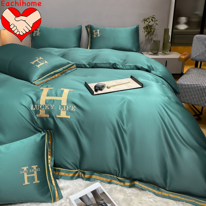 Customized HOT SEAL H Embroidered Washed Silk Four Pieces Bedding Set for All-Season