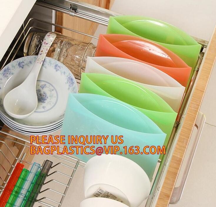 Storage preservation reusable silicone food bag,FDA reusable silicone storage food bag with Zip lockk in microwave bagease