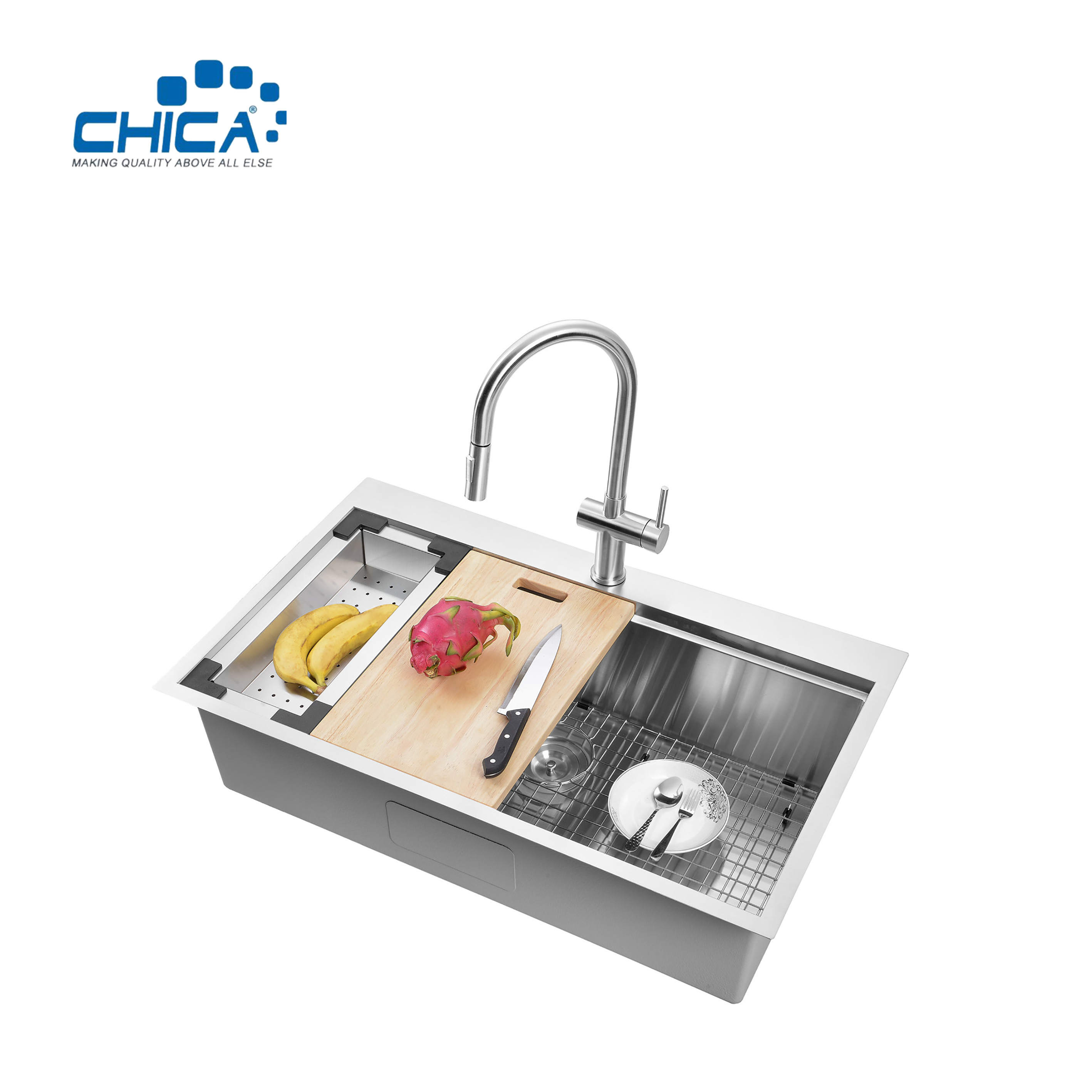 33x22x10 single bowl SUS304 stainless steel commercial topmount handmade house kitchen sink with faucet