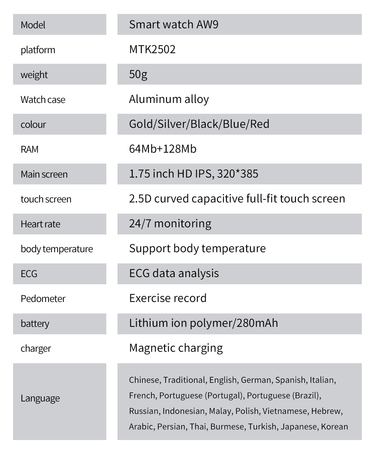 2022 AW9 smart watch 1.75inch IPS Screen 280 Mah Battery stopwatch time display SMS receiving watch