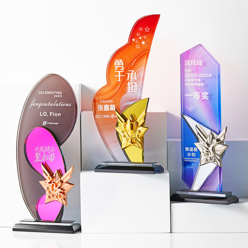 Wholesale Custom Colorful Acrylic Award Trophy Plexiglas Plaque with UV printing and Engraving For Business Recognition or Anniversary Celebration