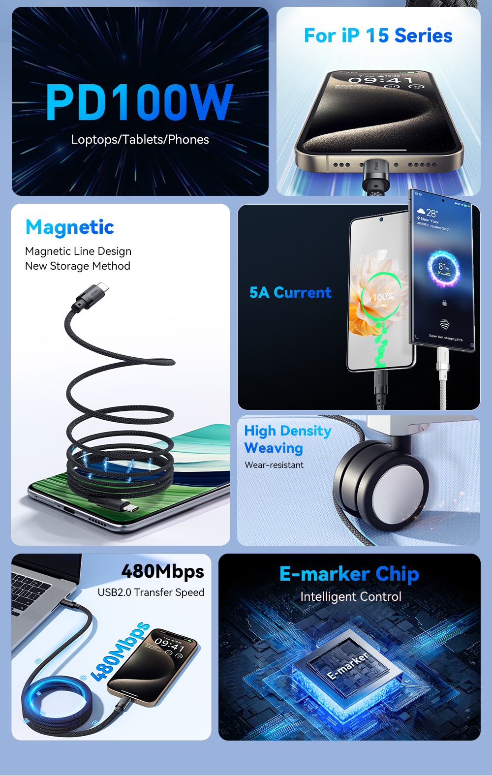 ESSAGER ES-X53 Series 100W USB C to USB C Magnetic Charging Cable