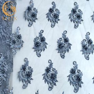 China Stylish Customized Grey Lace Fabric Mesh Embroidered Beaded Bridal Fabric on sale