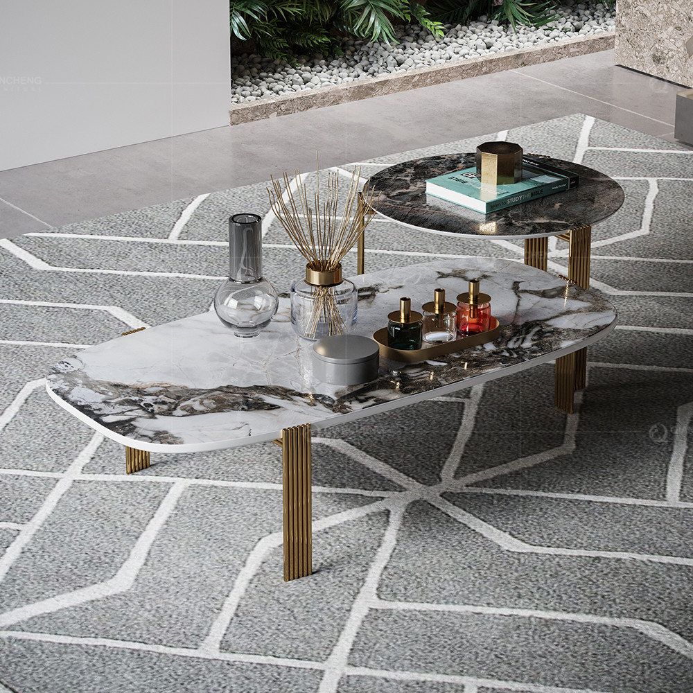 Luxury SS Coffee Table Tv Stand Natural Ivory White Marble