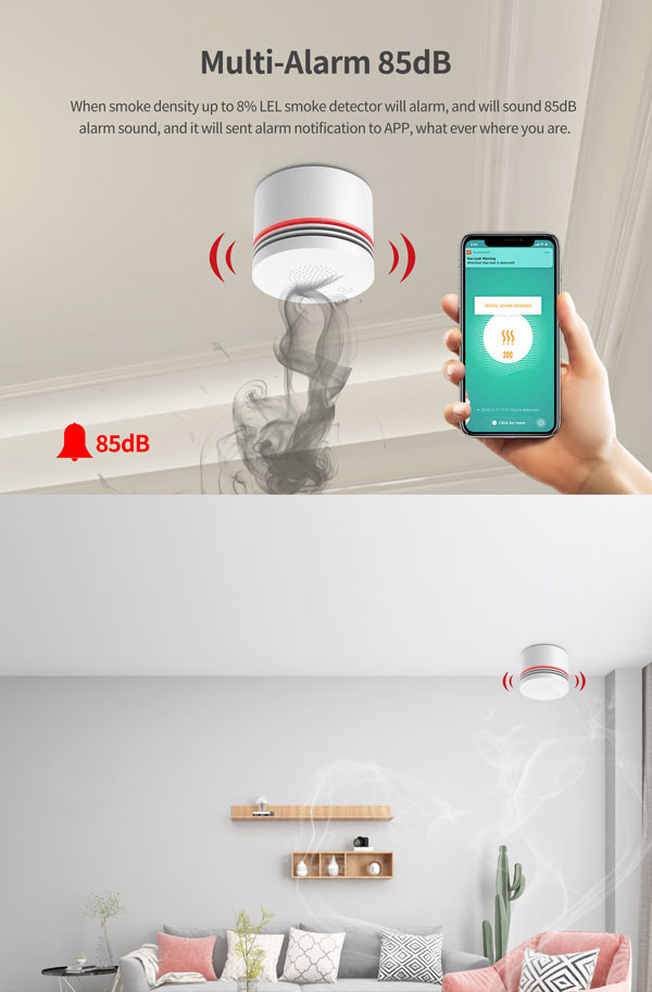 2.6V Battery Wifi Fire Detector CR123A 85db 64mmx51mm Buzzer Alarm