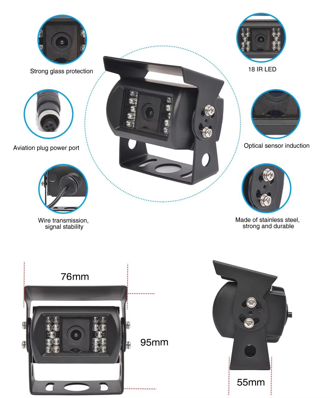 Truck And Bus Reversing Assist Device IP69K Waterproof Rear Monitoring Camera