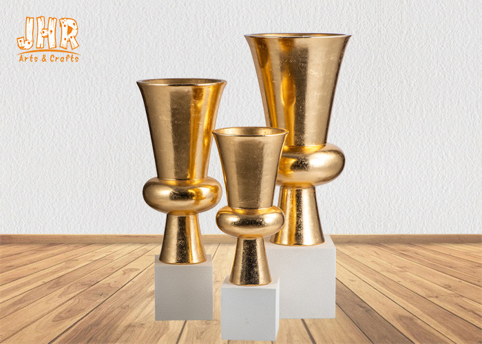 Trumpet Gold Leaf Fiberglass Planters With Frosted White Base Pot Planters