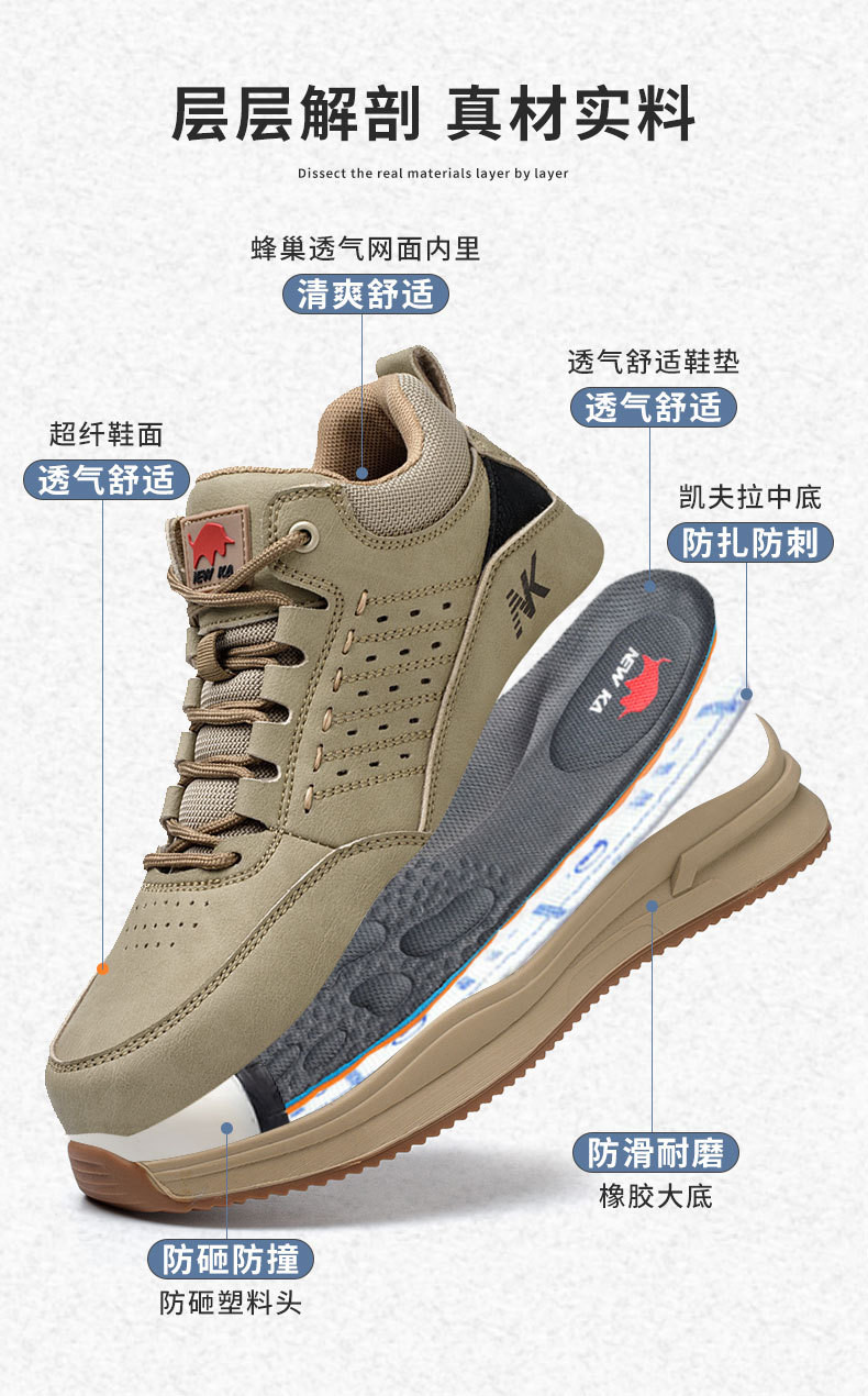 Microfiber Men'S Security Officer Work Boots Plastic Toe Kevlar Mid Sole Anti Smashing Rubber Work Boots