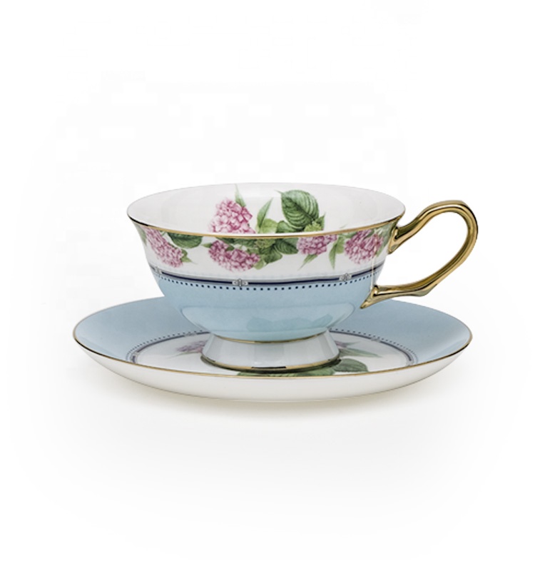Pink Floral Design Porcelain Cups Decal Luxury Coffee Tea Cup And Saucer With Colorful Rim