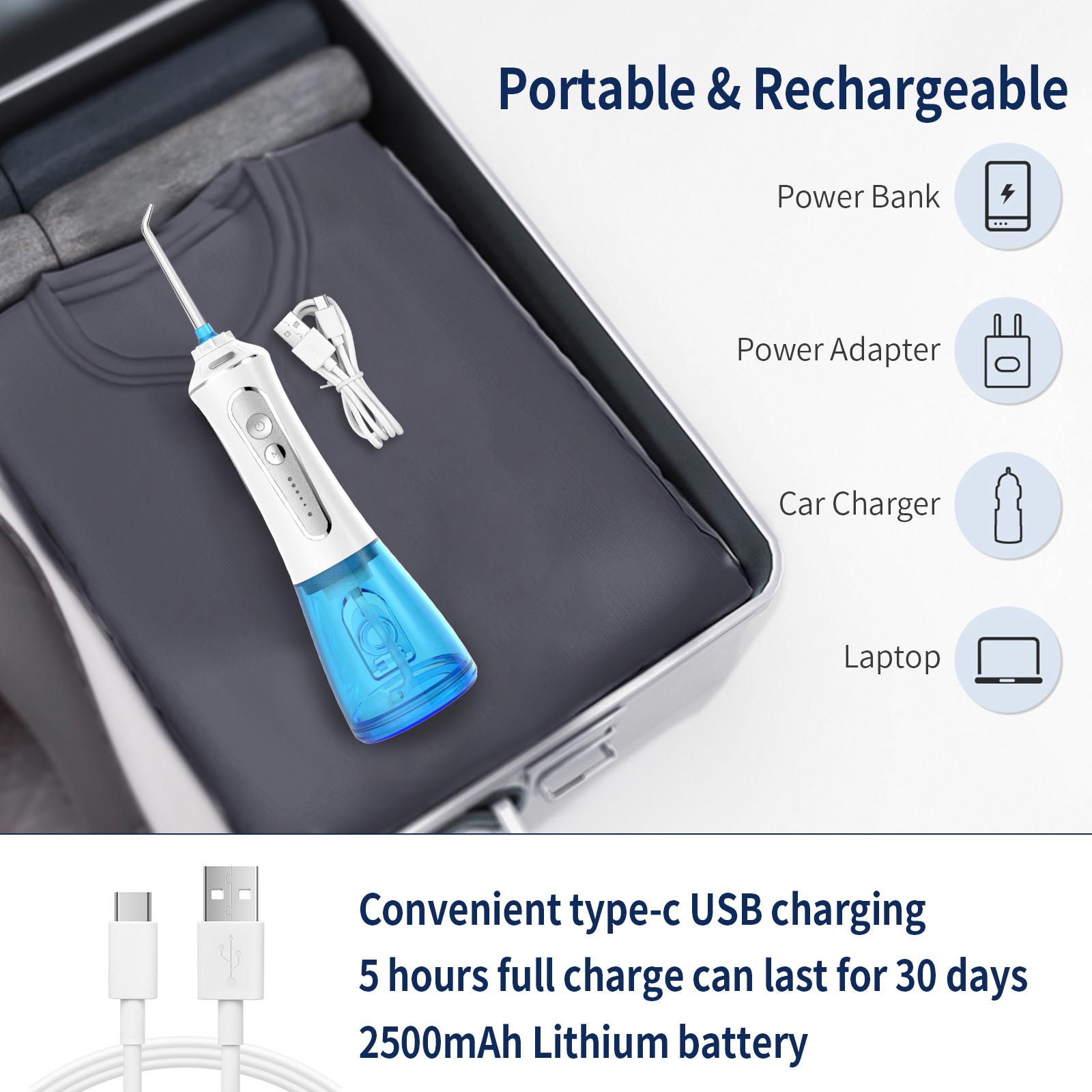 2500 Mah Battery Ultrasonic Water Flosser Dental Oral Irrigator With 5 Pressure Modes
