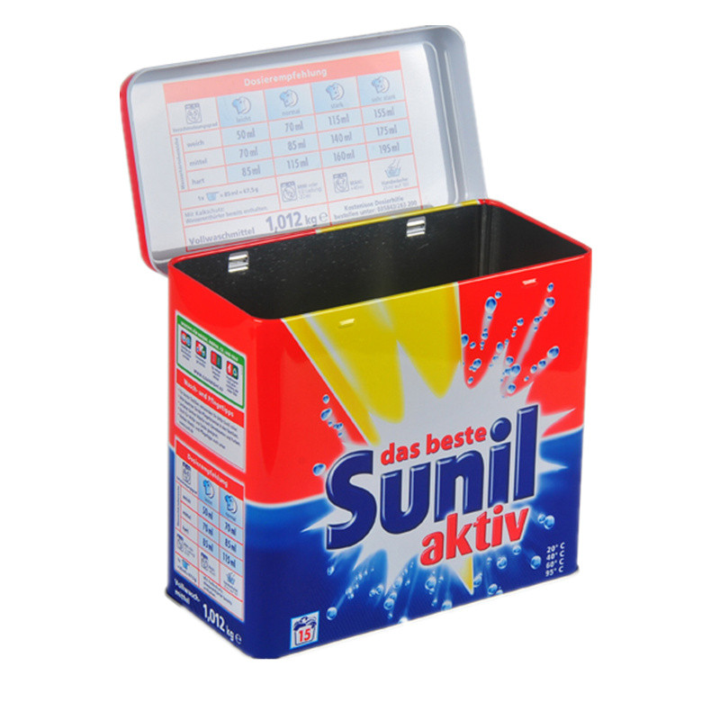 Sunil Washing Powder Metal Tin Container Box / Lid With Hinger , Silver Inside