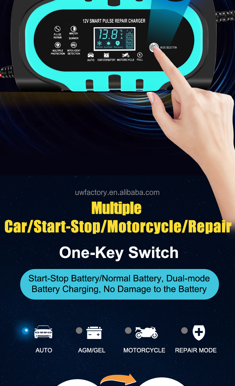 Digital Display Battery Charger 12V 24V 20A 15A 10A 6A Smart Repair Charger with 90% Charging Efficiency and ABS Material