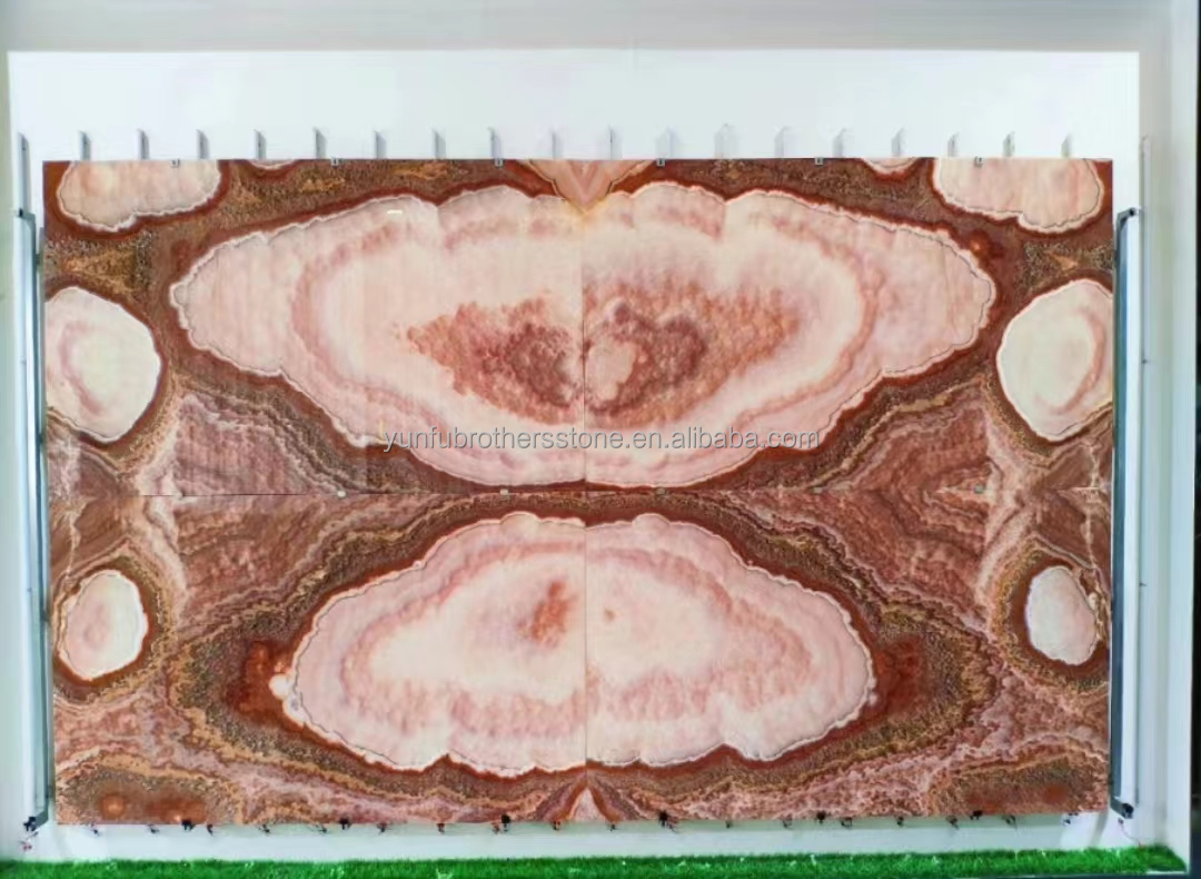 Backlit Red Onyx Marble Stone Book Matched Slab for Transparent Marble Table Pattern