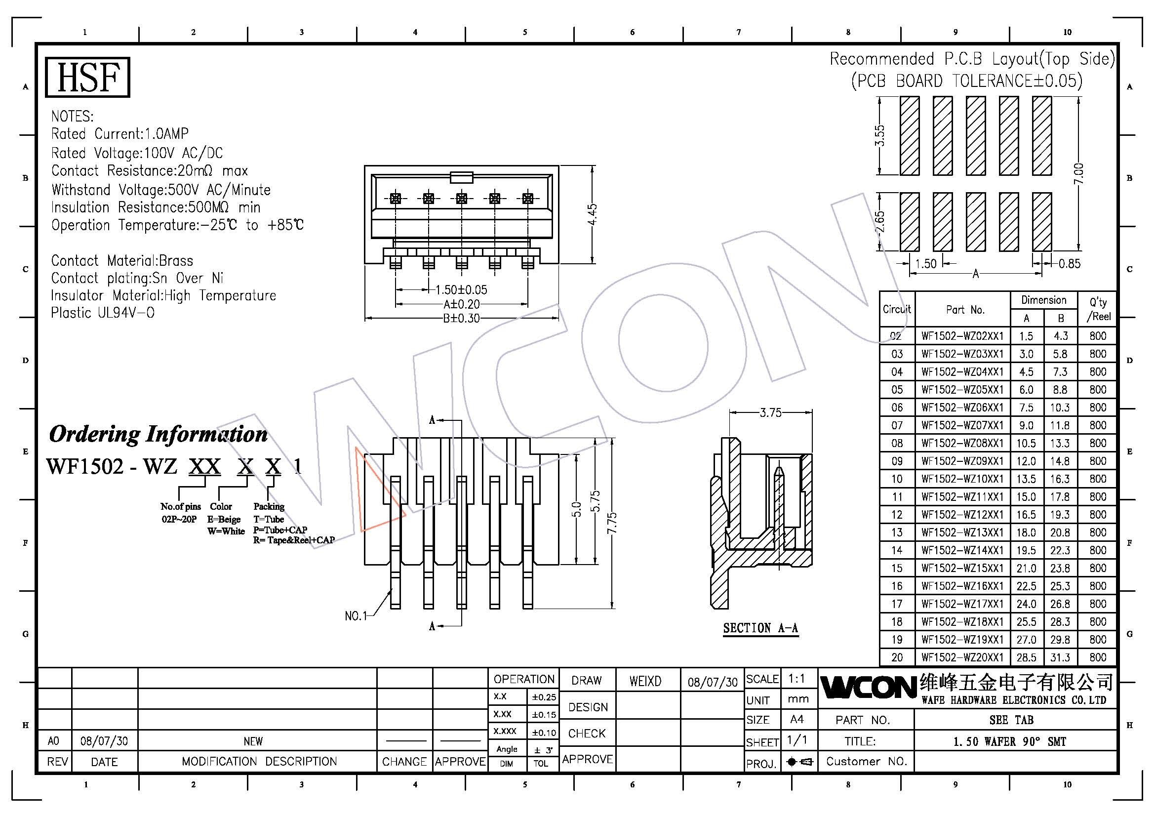 1.5 mm Wafer Male Printed Circuit Board Connectors 02~20P 90° SMT