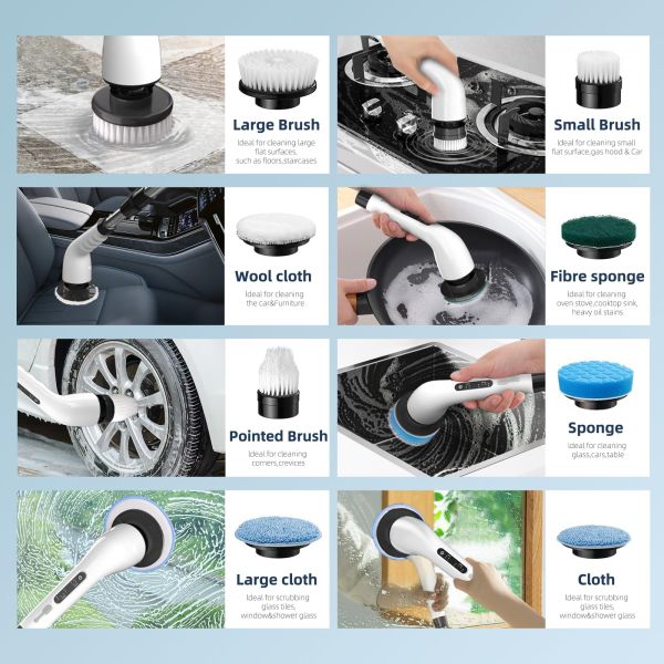 Electric Cleaning Brush 7 Replaceable Brush Heads Adjustable Handle Cordless Spin Scrubber