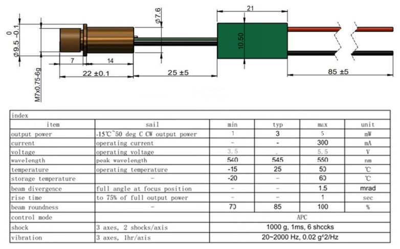 3mW CW Output Power Green Dot Sight Laser Module for Industry Grade 520nm 530nm 545nm