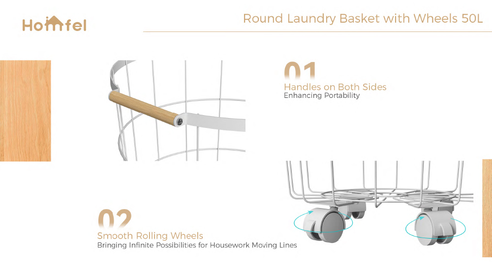 Round Iron Metal Laundry Cart With Wheels And Bamboo Handle Big Capacity