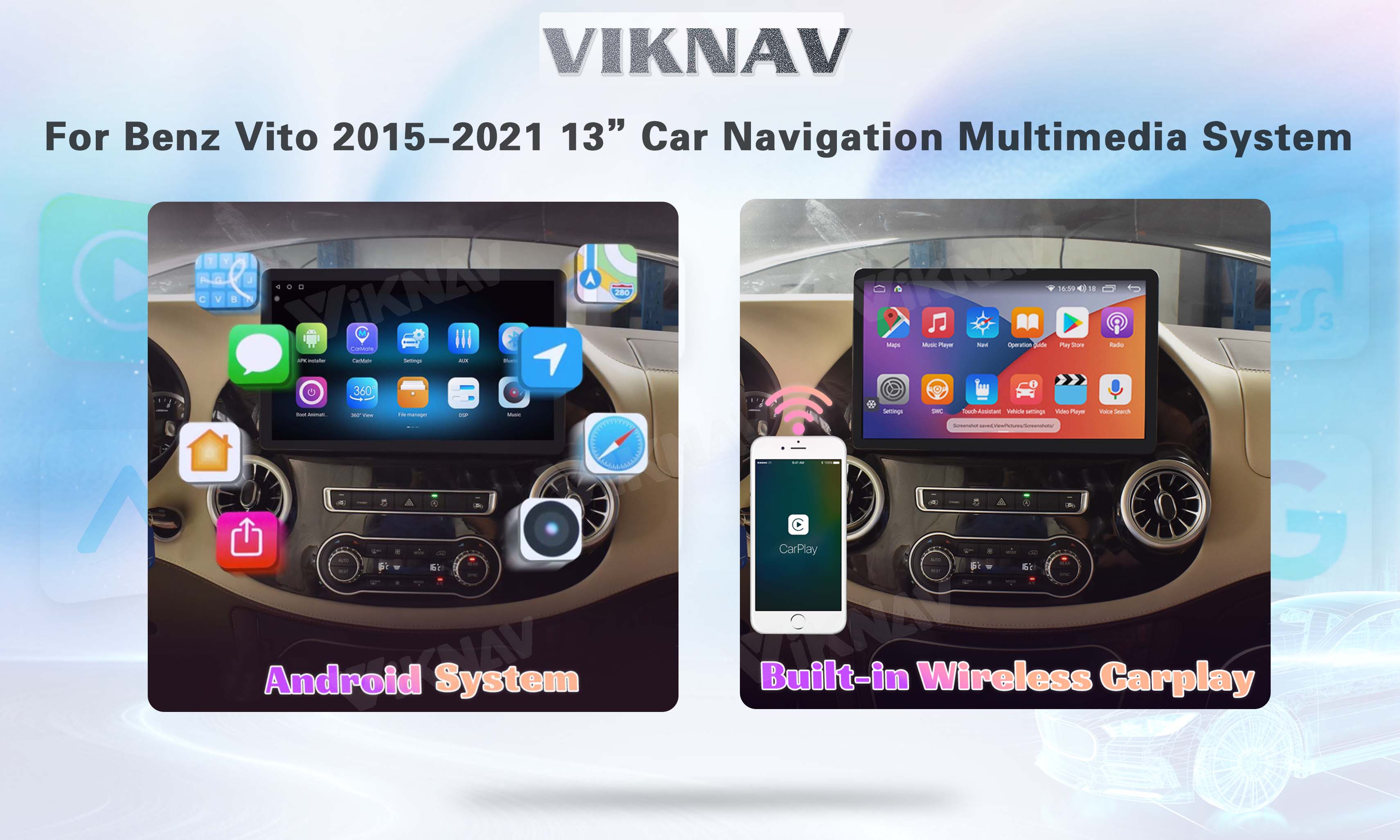 Viknav 13 Inch Android 8 Core Car Player Multimedia Radio For Benz Vito 2015-2021 GPS Navigation（128GB）