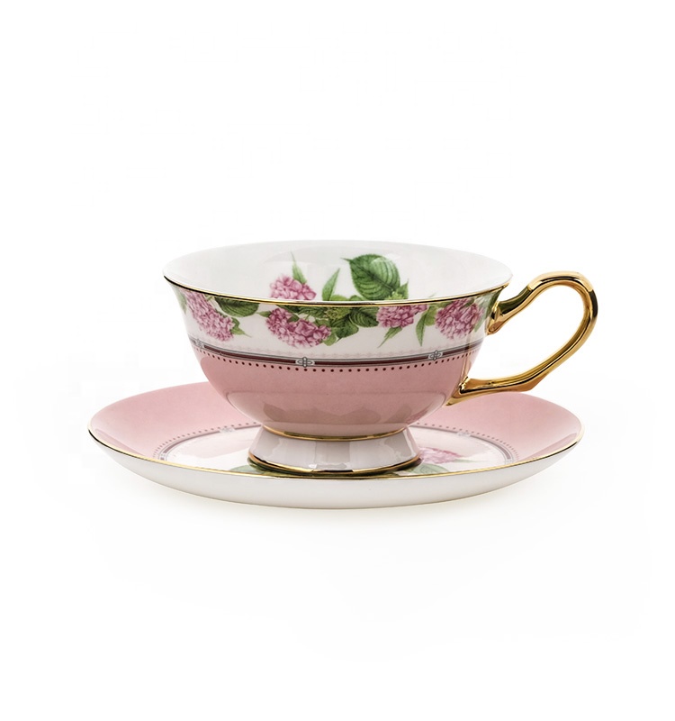 Pink Floral Design Porcelain Cups Decal Luxury Coffee Tea Cup And Saucer With Colorful Rim