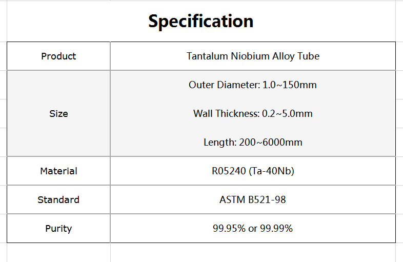 ASTM B521-98 Niobium Alloys Tantalum Niobium TaNb Tubing