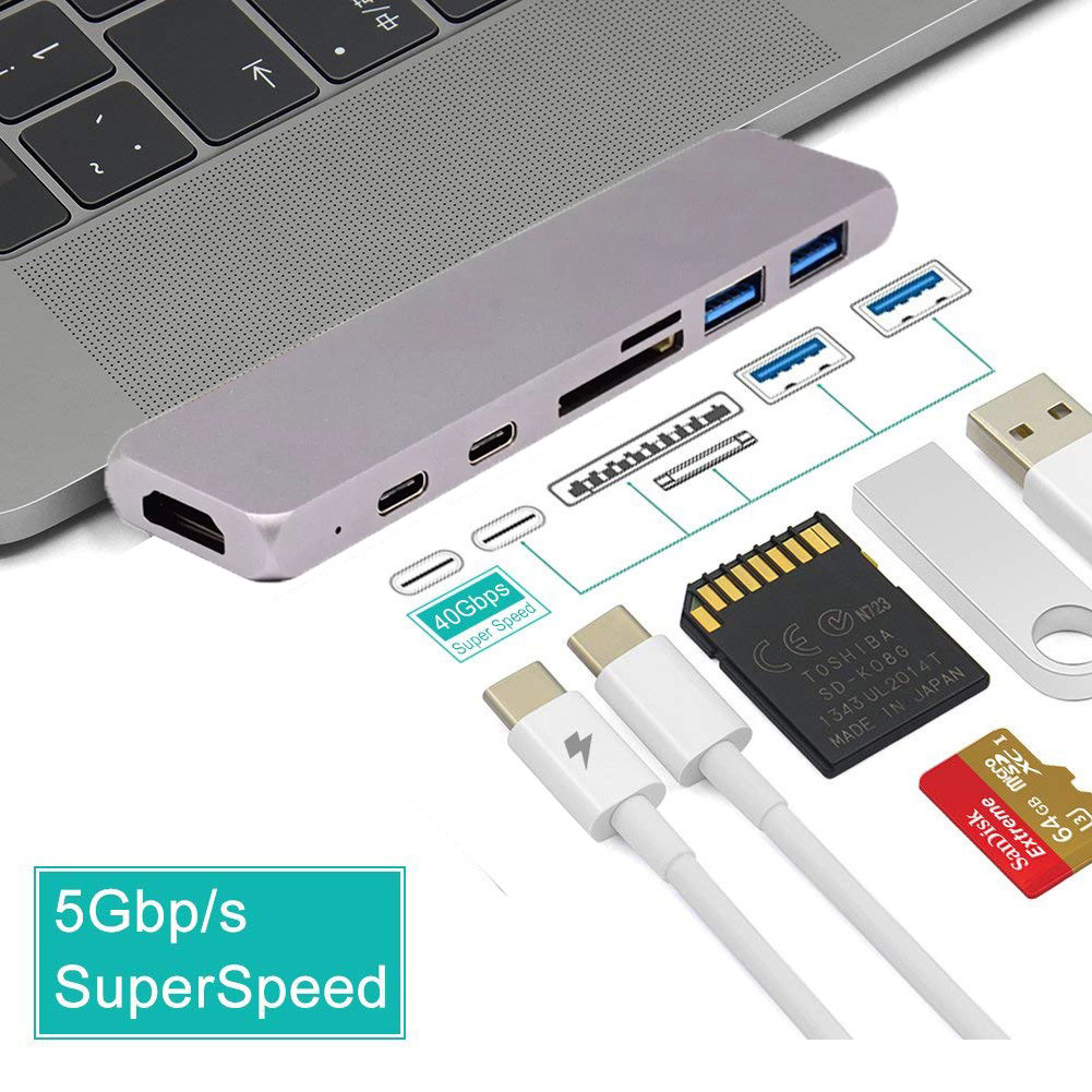 USB C HUB Adapter, Type C Hub Mac Pro Adapter Dongle for 2016/2017 MacBook Pro 13”&15”, 40GB/S Thunderbolt 3,2xUSB3.0