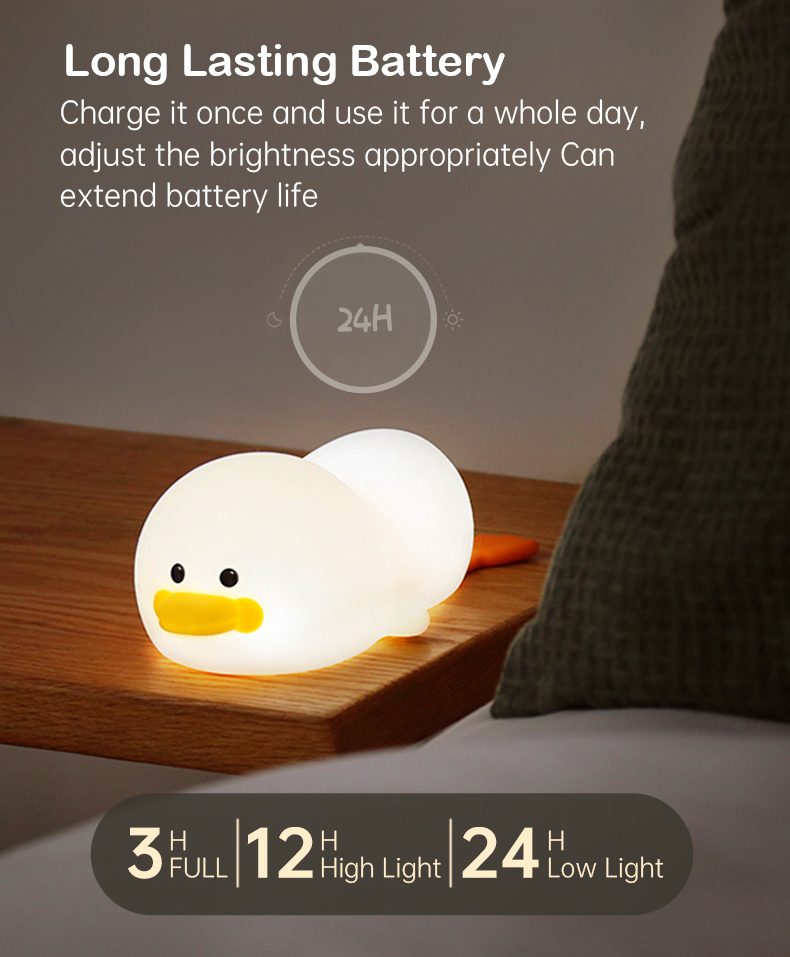Cartoon Silicone Duck LED Night Light for Children's Bedroom Working Time hours 30000