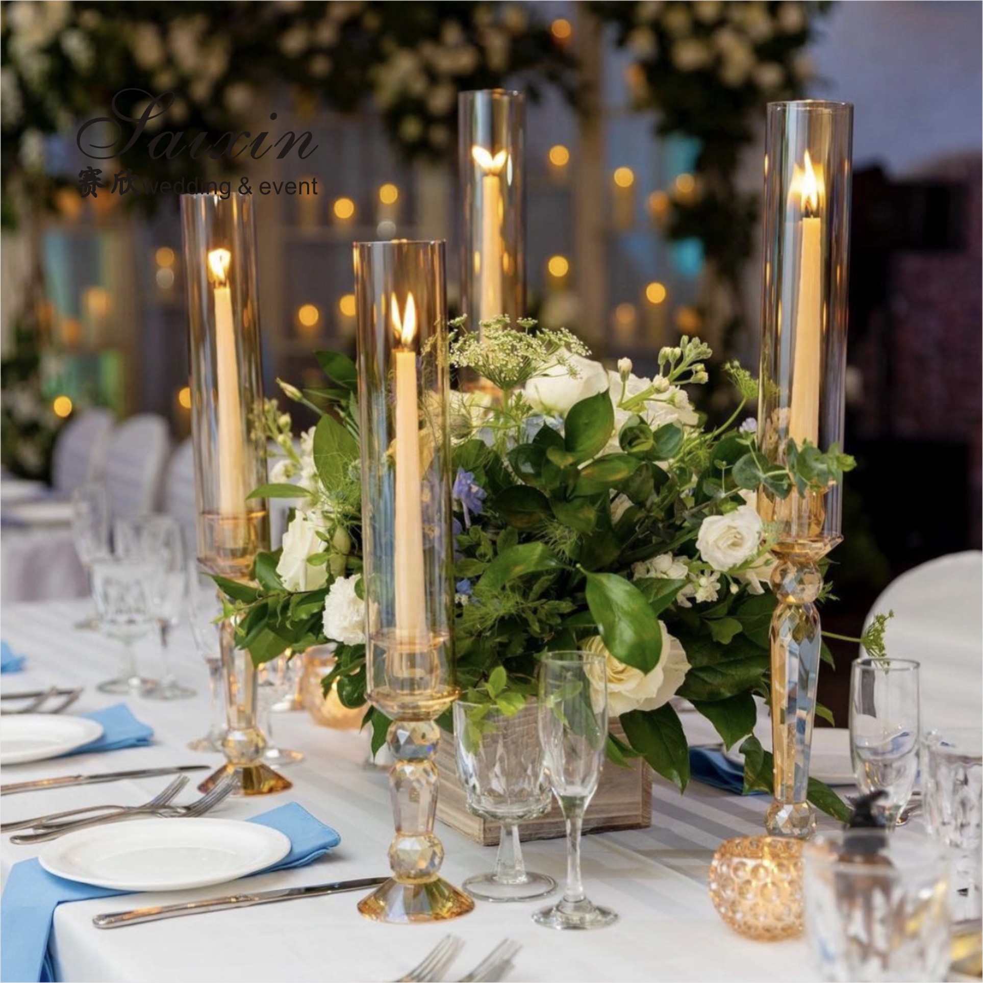 Long Stem Hurricane Pillar Gold Wedding Candle Holder With Chimney Tubes 3pcs Set 80cm