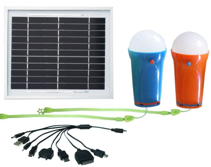 Mini solar lamps 5W with 2pcs LED bulbs high lumens with hook and mobile charging