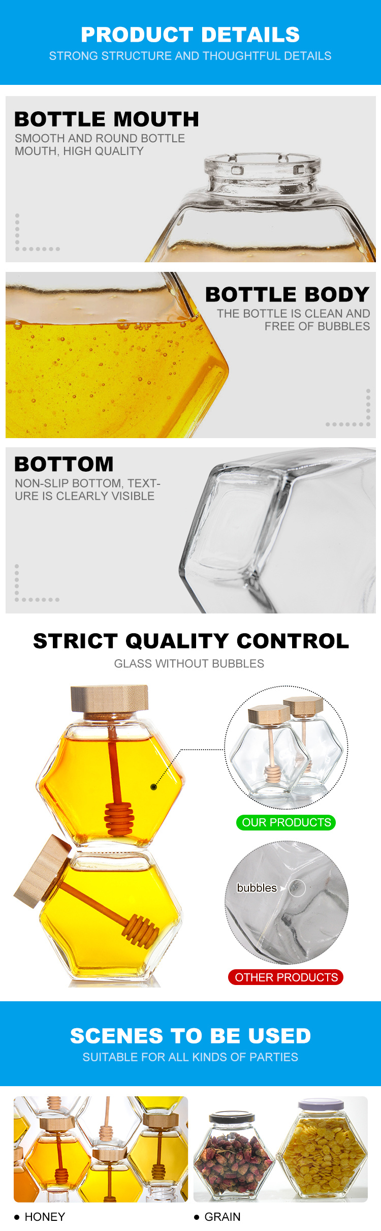 3oz 6oz 8oz 12oz Hexagon Honey Jar Pot De Miel Glass Empty Clear Honey Jar with Wooden Dipper