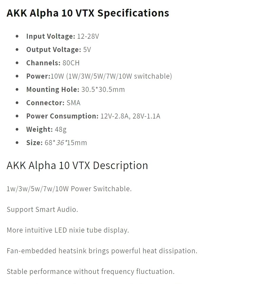 AKK Alpha 10 10W Drone VTX 4.9G 5.8GHz 80CH 10W FPV Video Transmitter