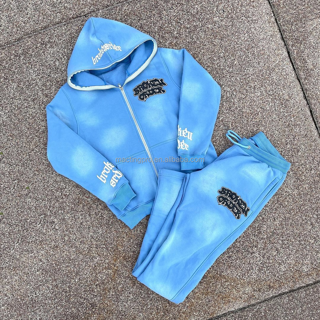 Labels Unisex Men'S Hoodies Set Custom Full Zip Up Hoodie Tracksuit Acid Wash Sweatsuit