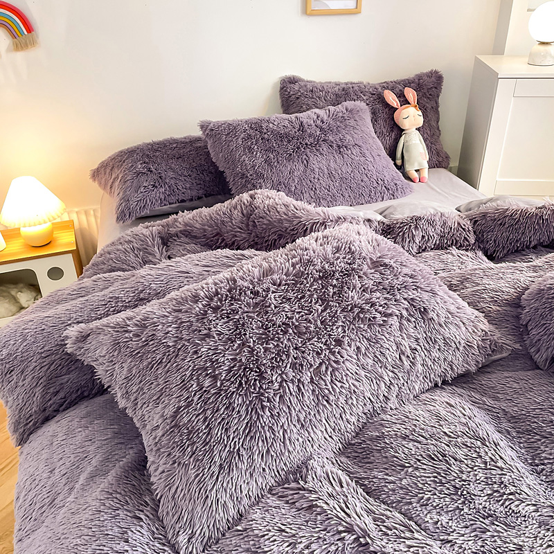 Princess Style Grey Purple Shaggy Warm Mink Velvet Crystal Duvet Cover Set for Winter
