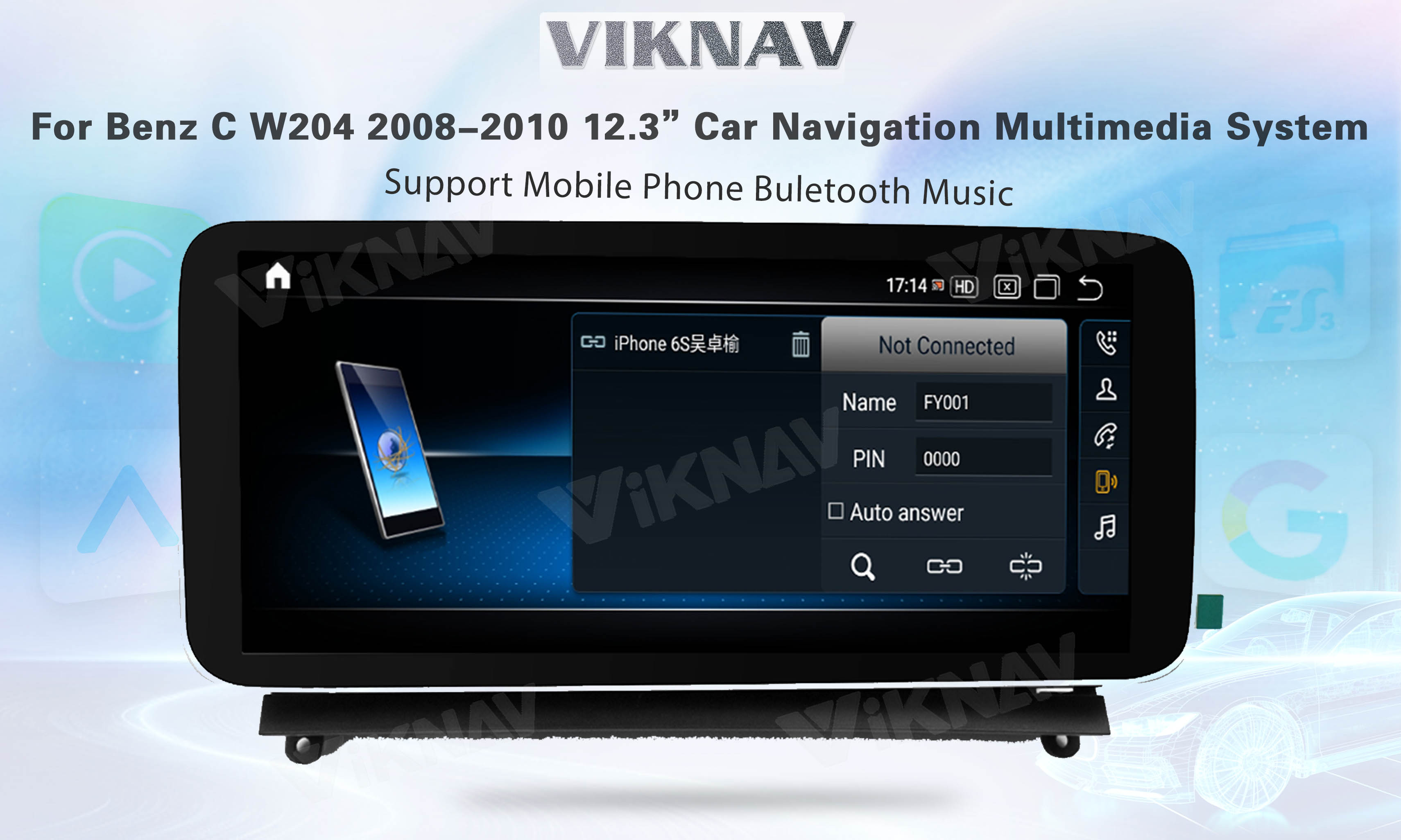 Viknav 12.3 Inch Android Car With Screen Multimedia Player For Mercedes Benz C Class W204 2008-2010 GPS 2Din NTG4.0