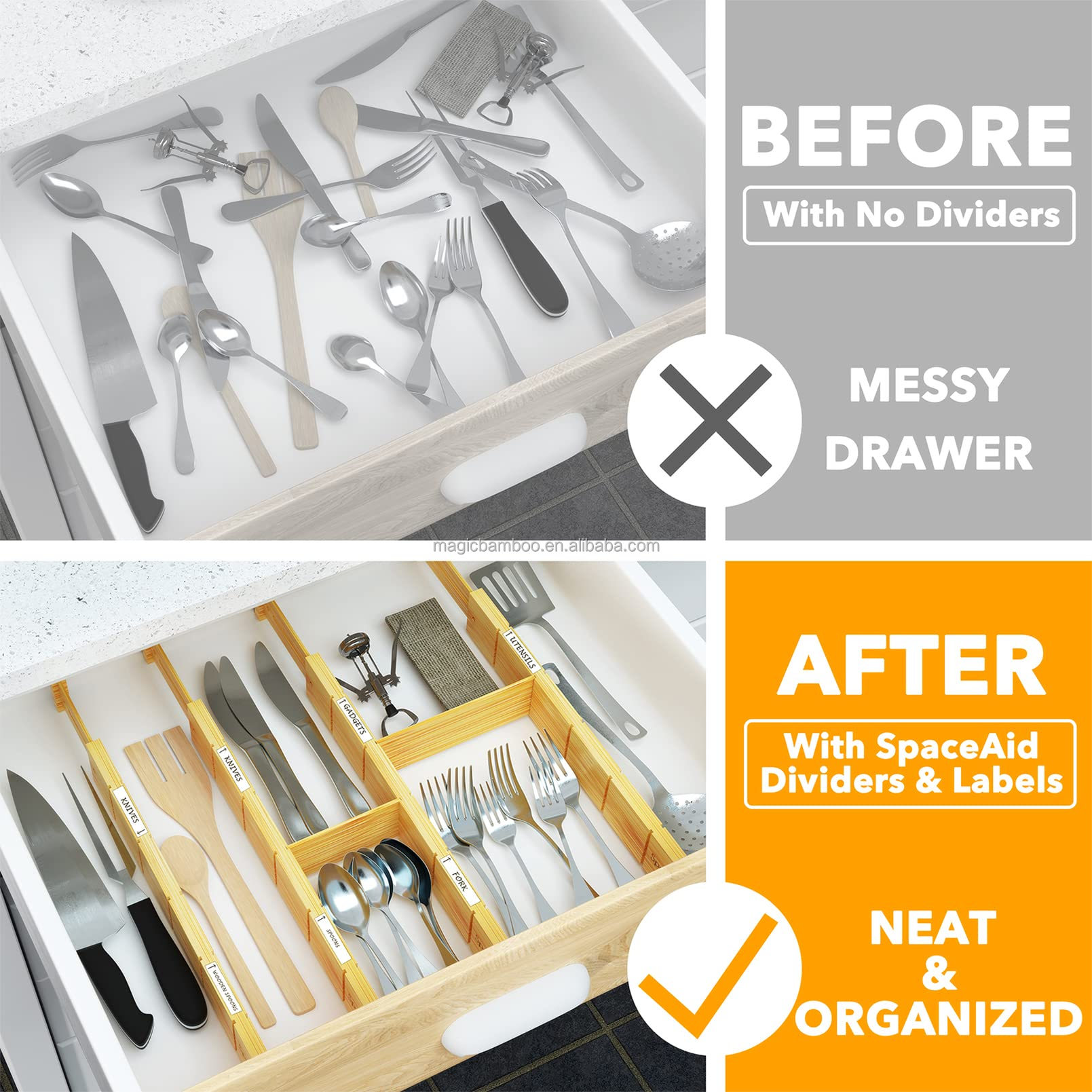 OEM ODM Acceptable Bamboo Adjustable Drawer Dividers With Inserts And Labels