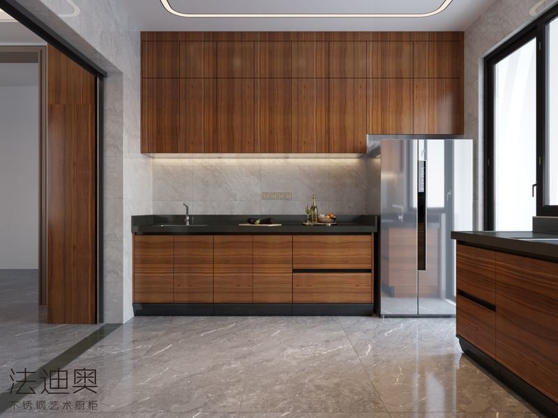 Luxurious, Refined, And Resilient Light Brown Wood Grain Stainless Steel Cabinetry
