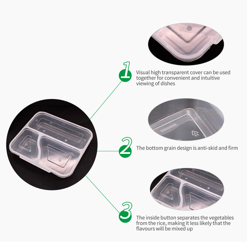 Three Compartment PP Rectangle Lunch Box Food Container Food Grade Material