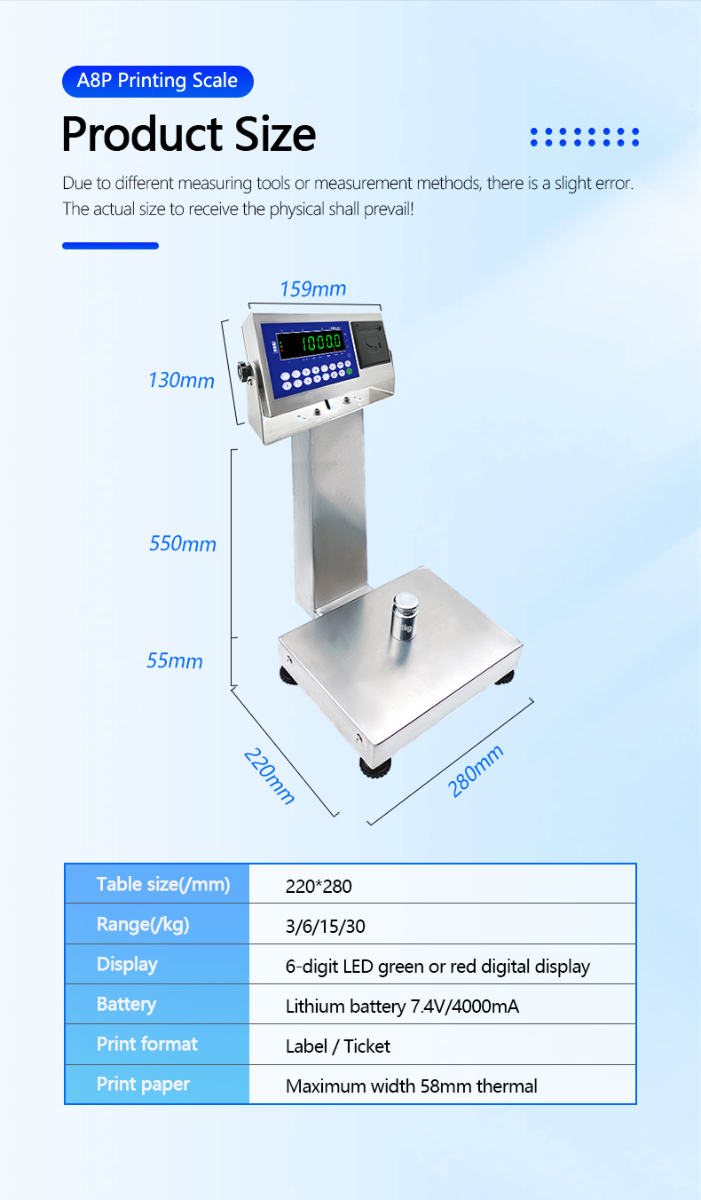 A8SP Printing Small Platform Scale with 6KG Capacity and 22cm*28cm Square Vertical Bar