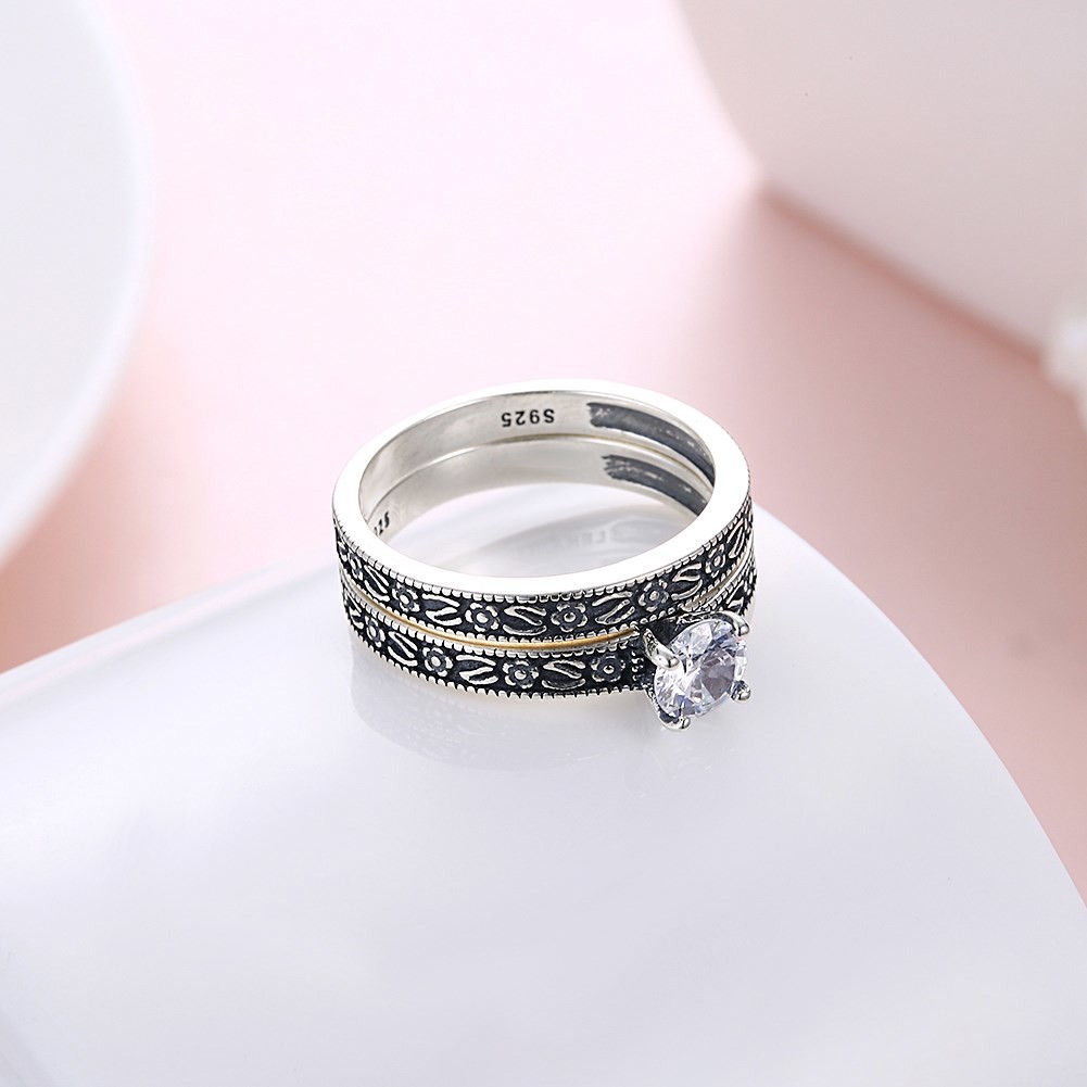 High Quality Classic 925 Sterling Silver Diamond Studded Cluster Engagement Wedding Rings Set