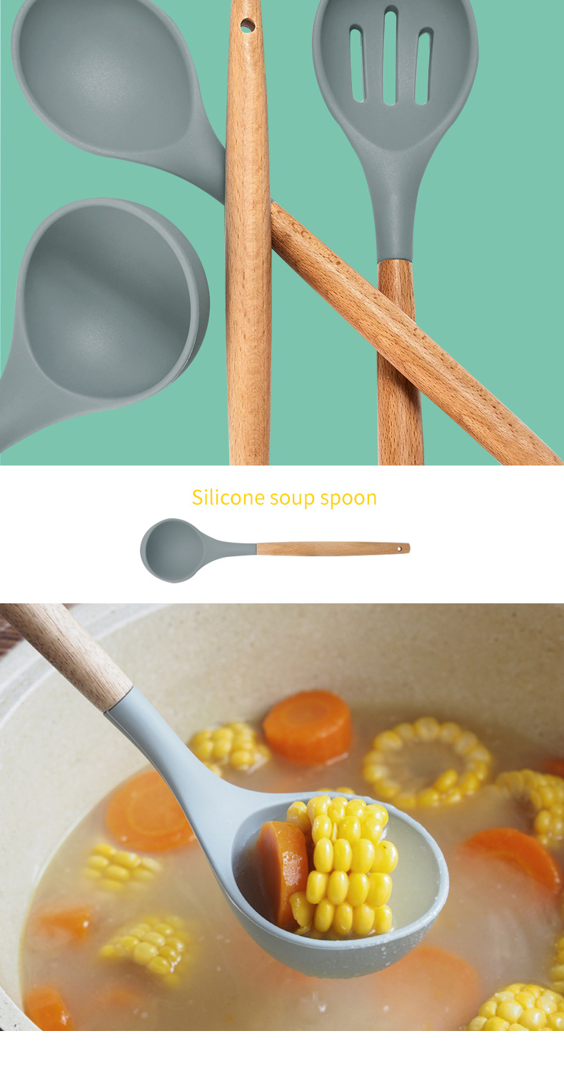 Non Toxic 12 Piece Silicone Cooking Utensil Set With Wood Handle